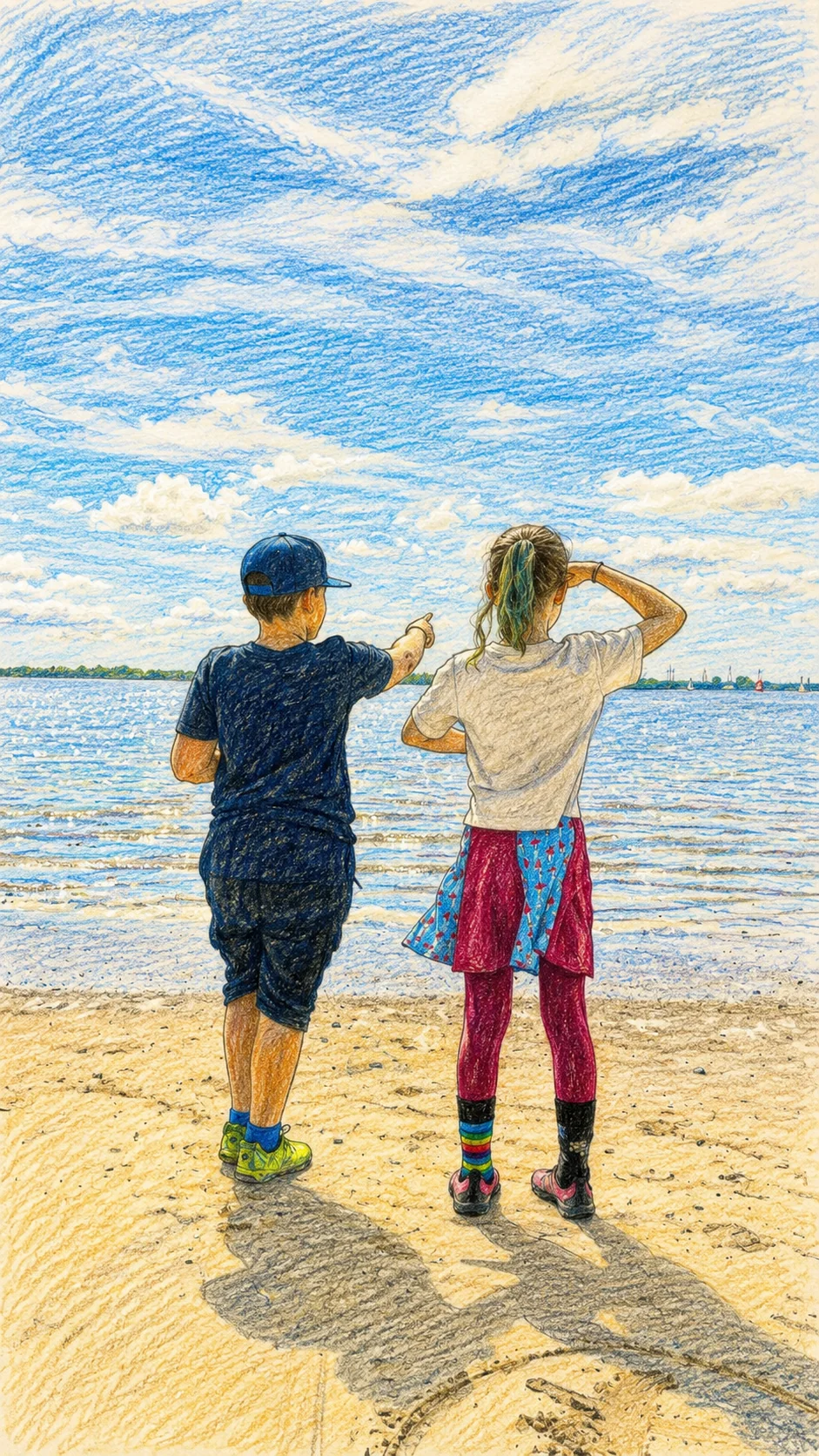 Von der Testgruppe Die Schmackaduzien gezeichnetes Bild: zwei Kinder blicken am Elbstrand auf das Wasser