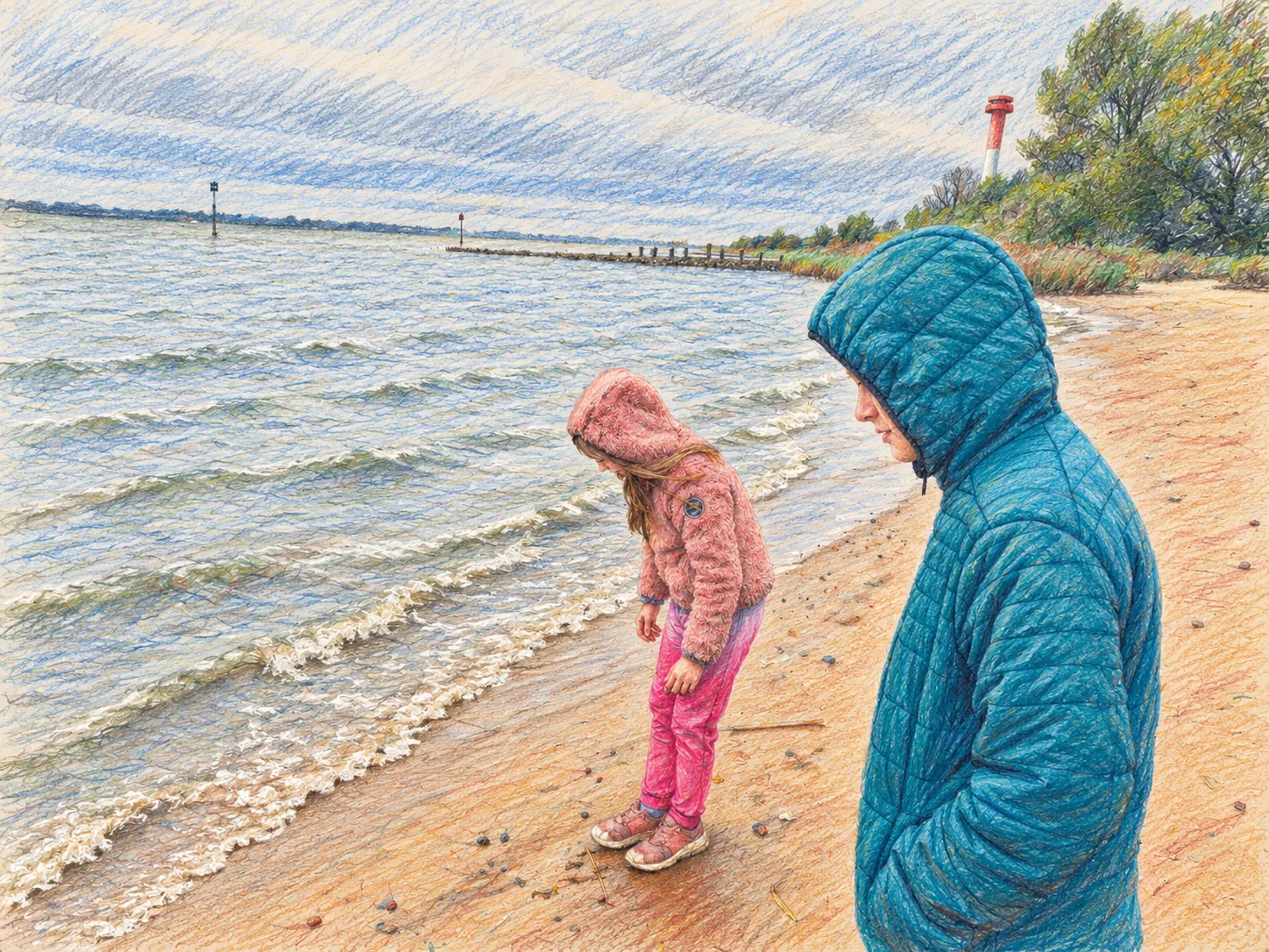 Zwei Kinder stehen am Strand und schauen auf die Wasserkante.